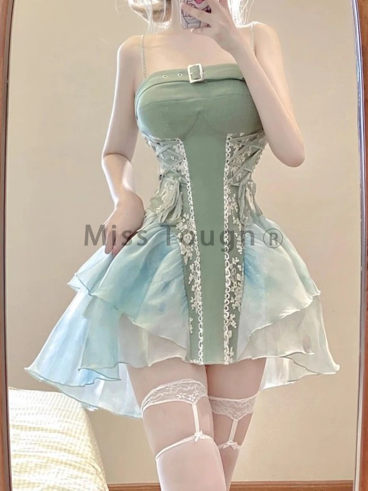 French Sexy Lace Dress Female Fashion Suspenders Prom Short Dress Women Sleeveless 2024 Summer Bare Shoulder Glamour Charming