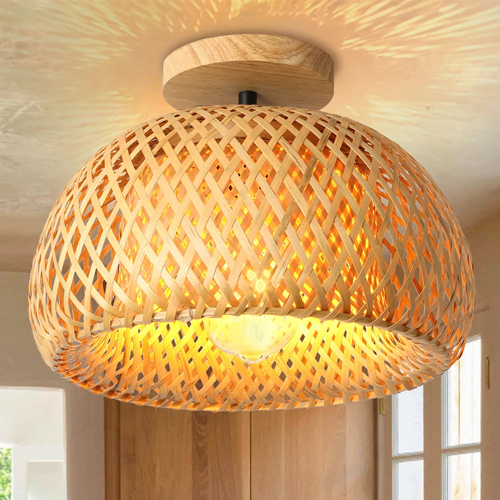 Handmade Boho Bamboo Wicker Ceiling Light Fixture Traditional Farmhouse Bedroom Nursery Hallway Corridor Mount Ceiling Lamp
