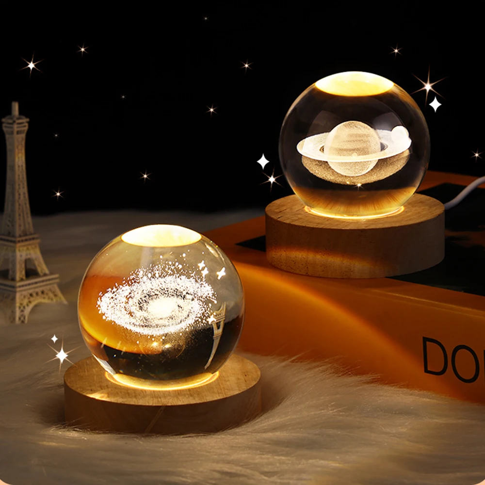 3D Bola De Cristal Table Lamp, USB Incandescente, Planeta, Galáxia Luz Noturna, Astronauta, Projetor Saturno, Lâmpada Atmosfera, Decoração de Mesa, Presente