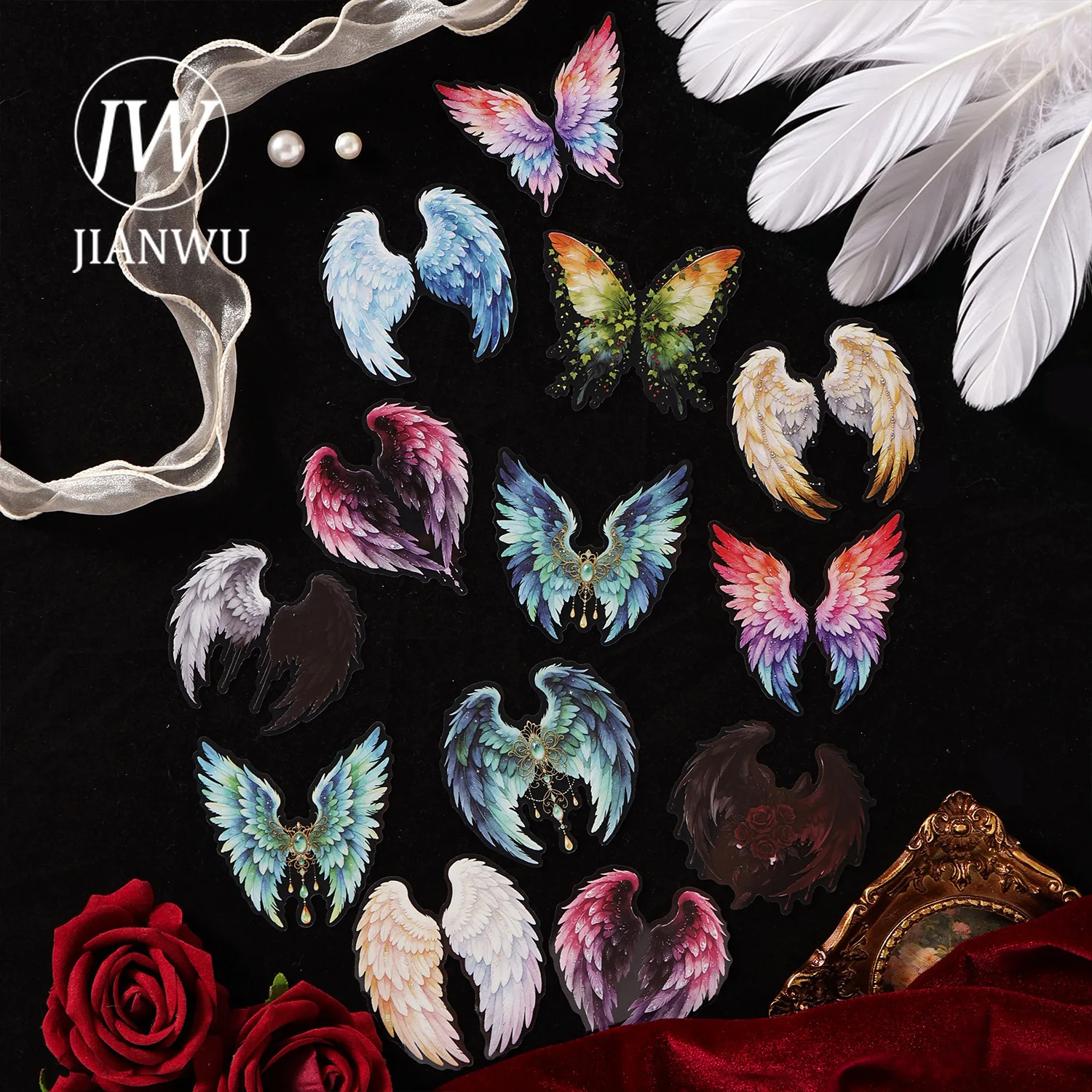 JIANWU Vintage Dark Feathered Wings Landscape Material Collage Scrapbooking PET Sticker Creative DIY Journal Stationery