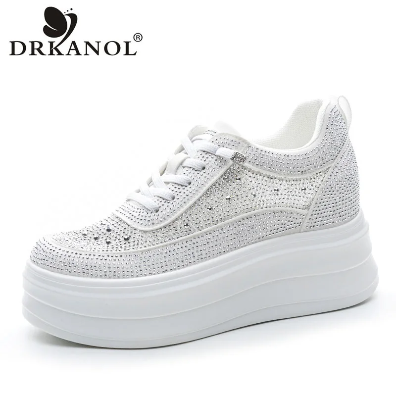 DRKANOL Fashion Women Breathable Air Mesh Shoes Summer Rhinestone Bling Thick Sole 9cm Height Increasing Wedges Heel Shoes H1327