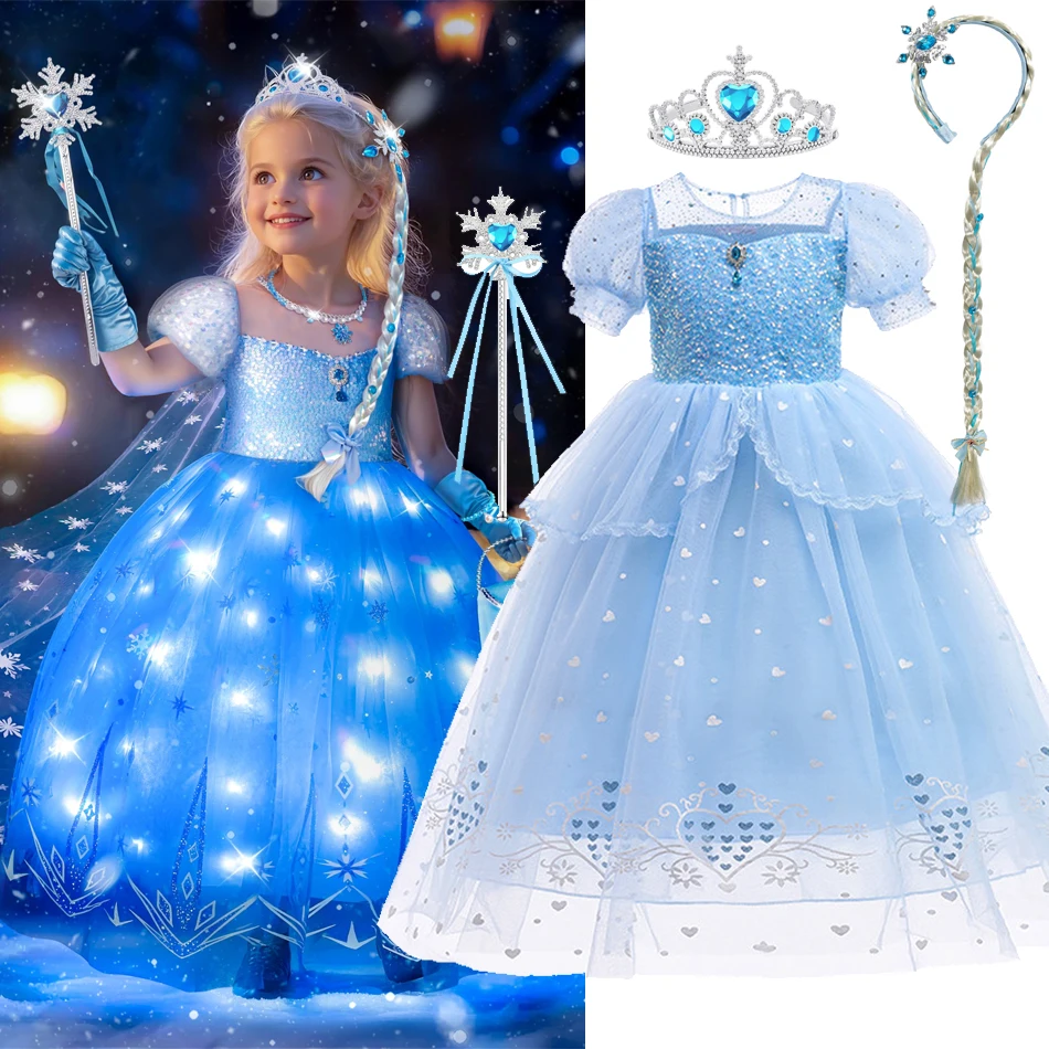 Princess Elsa Cosplay Dress Snow Queen Blue Sequins Halloween Elza Anna Tulle Costume with Cloak