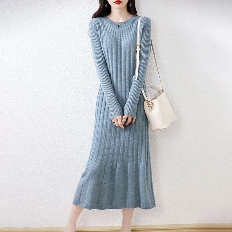 Elegant O-neck Slim Fit long Sweater Dress 100% Merino Wool Women Striped knit Spring Autumn Winter dress female A-line Dress - Image 5