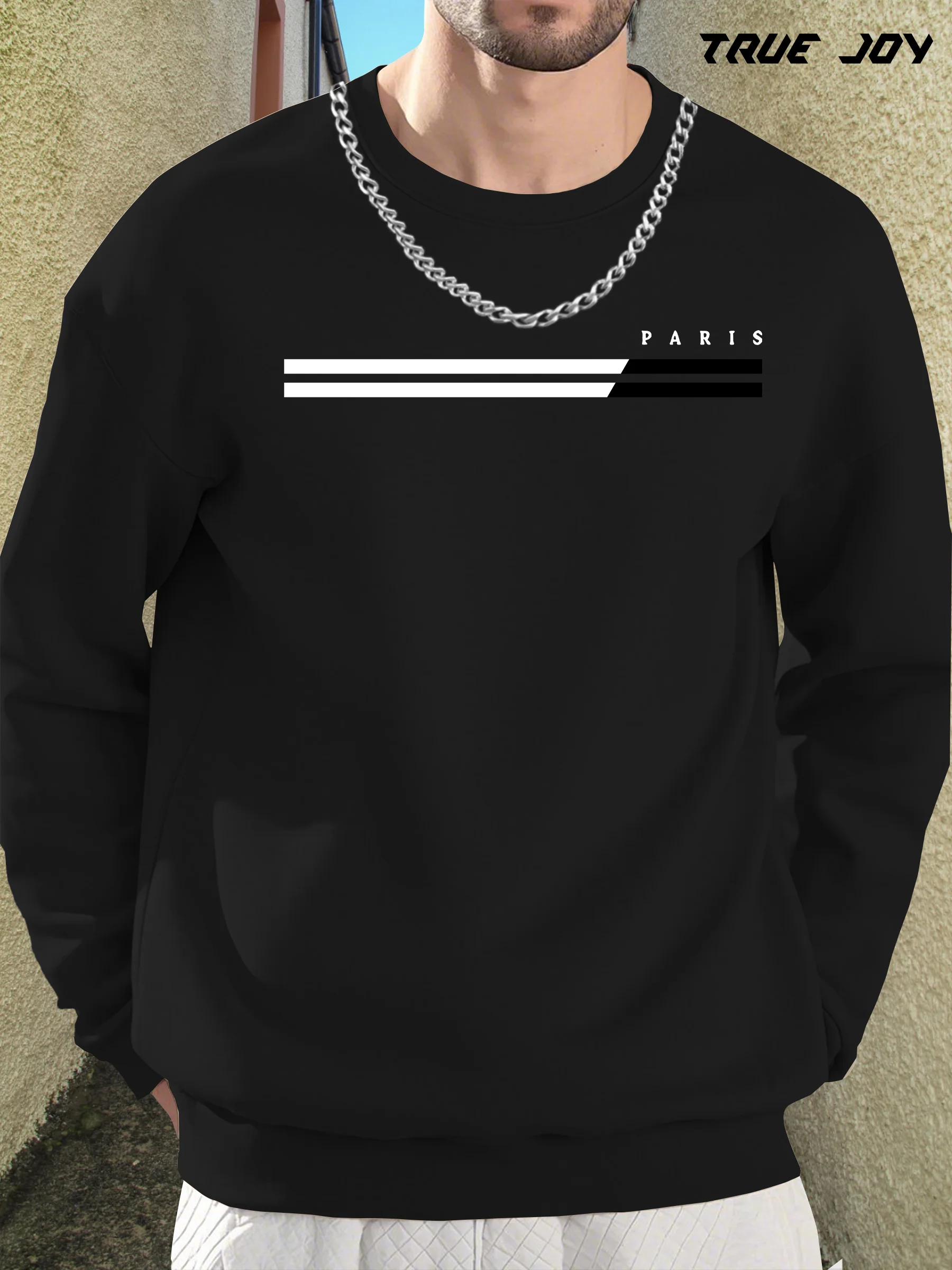 

Minimalist Fashion! PARIS Black And White Striped Print Men'S Versatile Casual Comfortable Long-Sleeve Round Neck