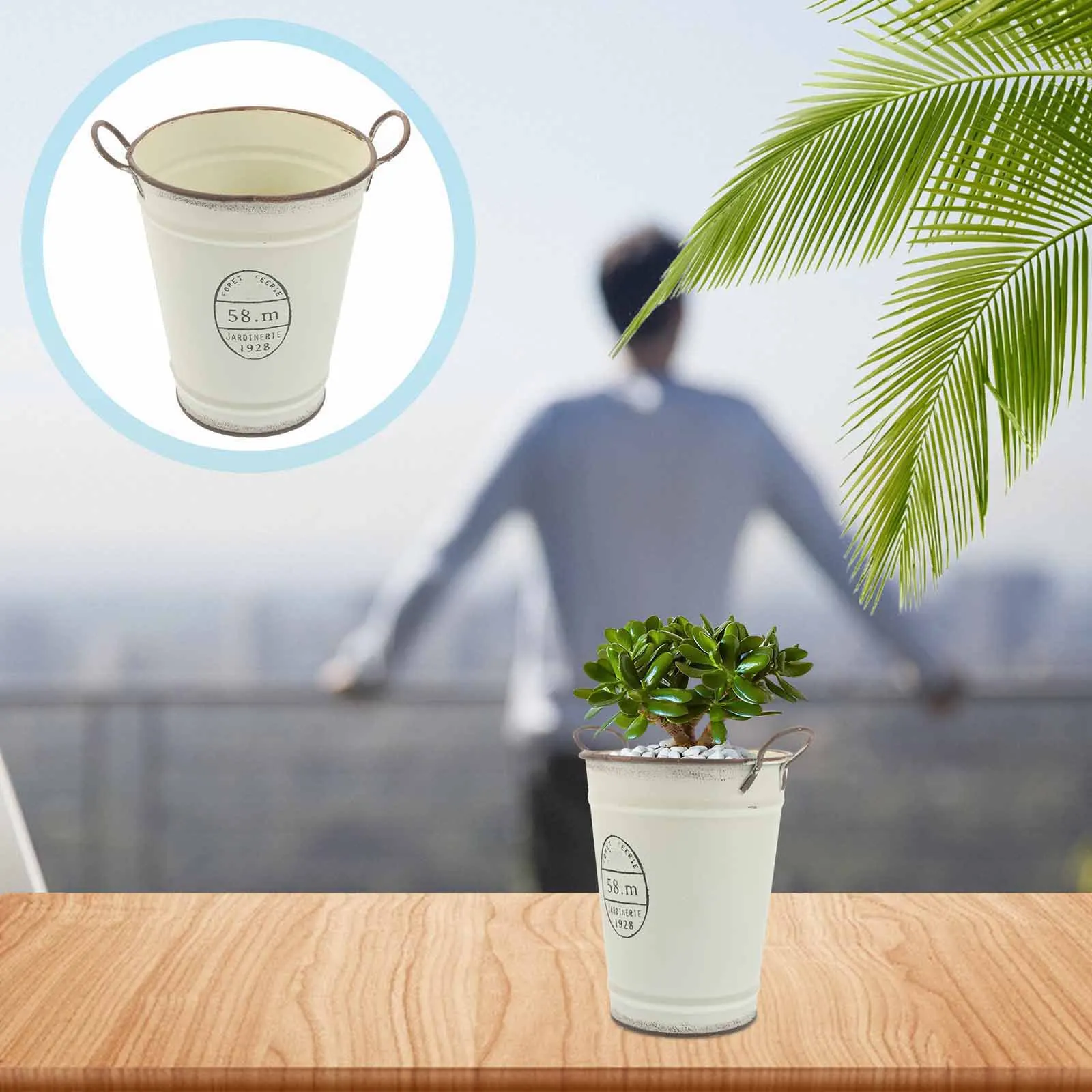 

Round Iron Flower Bucket Plant Pot Retro Style Balcony Indoor Plant Pot Bucket Decor Long Life Portable Handles