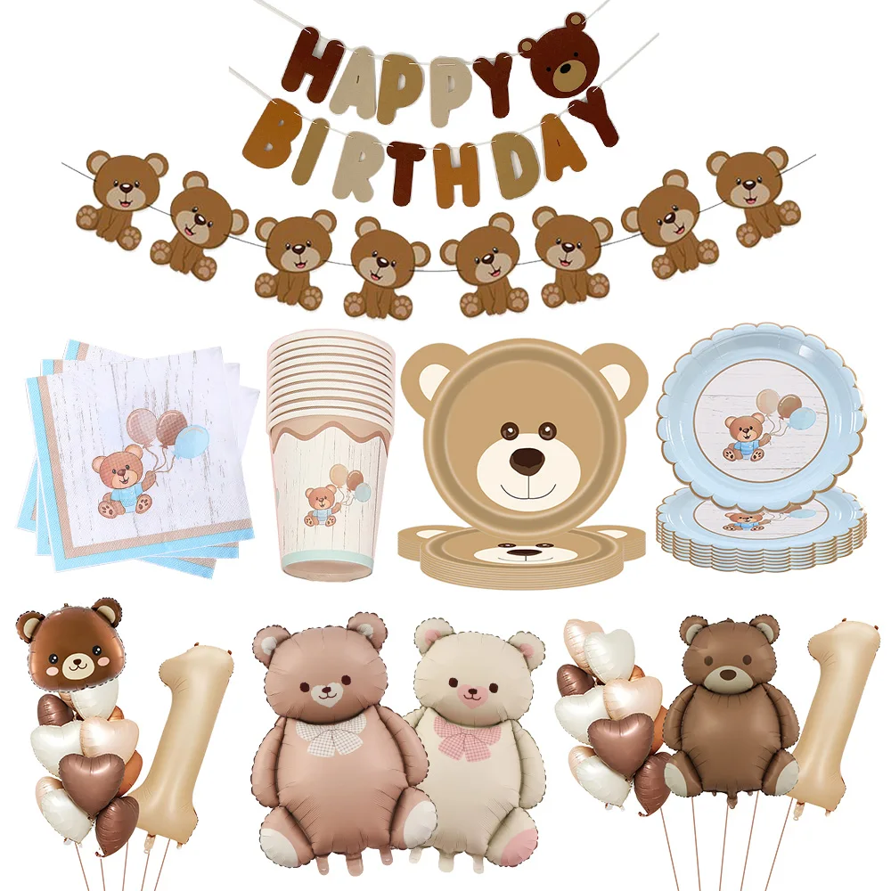 Brązowy miś jednorazowa zastawa stołowa miś serwetki imprezowe talerze kubki dzieci miś dekoracja urodzinowa Baby Shower