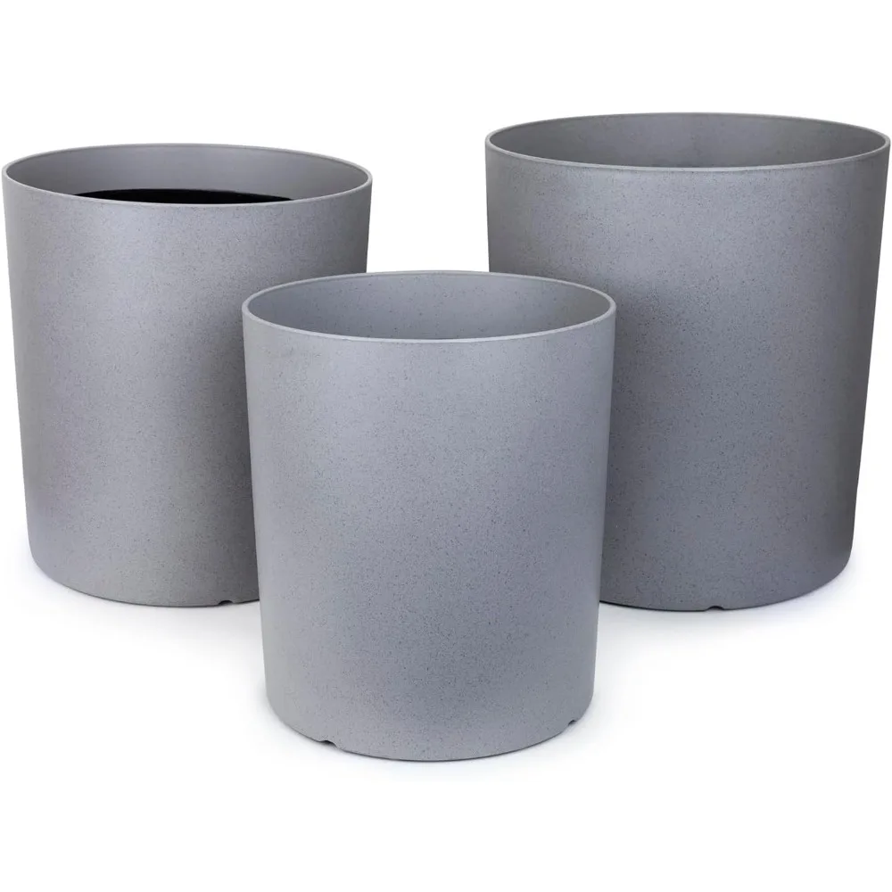 

RUBBER BOND 3-Pack Round Heavy Duty Plastic Planters - Tall Durable Indoor & Outdoor Plant Pots for Flowers, Herbs & Succulents