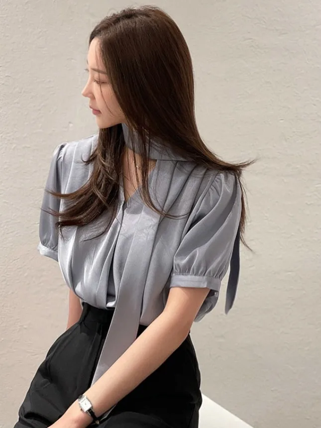 

Ele Summer irt Women's Loose Bubble Sve Top with Sa Stand Collar Trendy Versatile Faion Commute Sle ort Sve