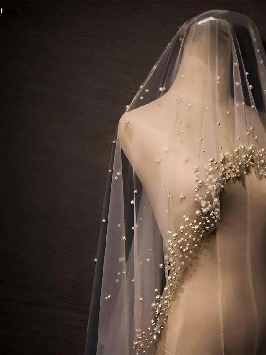 church-wedding-dress-accessory-encrypted-pearl-headband-single-layer-cathedral-style-bridal-veil-no-comb-required