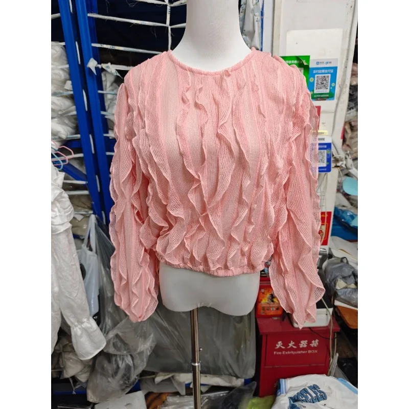 قميص دانتيل بطبقات وأكمام طويلة ورقبة على شكل حرف V للسيدات بتصميم ربيعي جديد يقلل من العمر #6