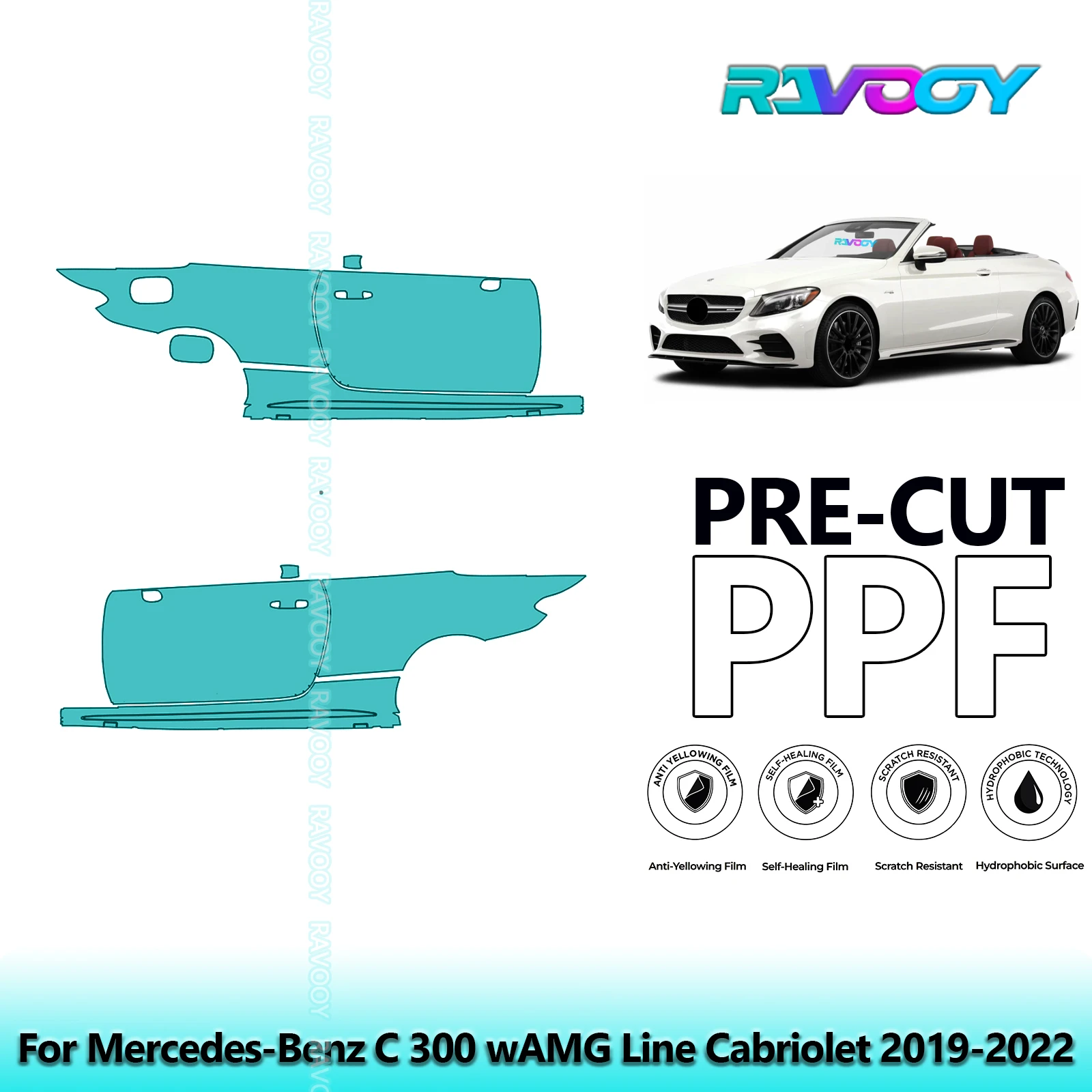 

For Mercedes-Benz C 300 wAMG Line Cabriolet 2019-2022 8.5mil Pre-Cut PPF Door & A/B Pillar Kit TPU Paint Protection Film Set
