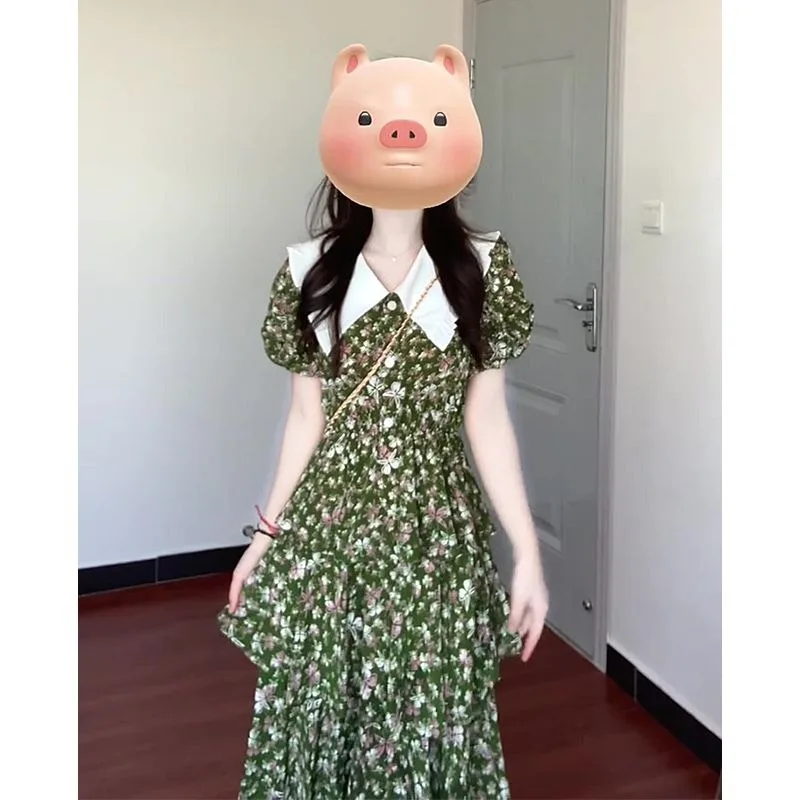 Damen Sommer Blumenkleid mit Stufenrock Französischer Stil Peter-Pan-Kragen Puffärmel Hohe Taille A-Linien-Kleid