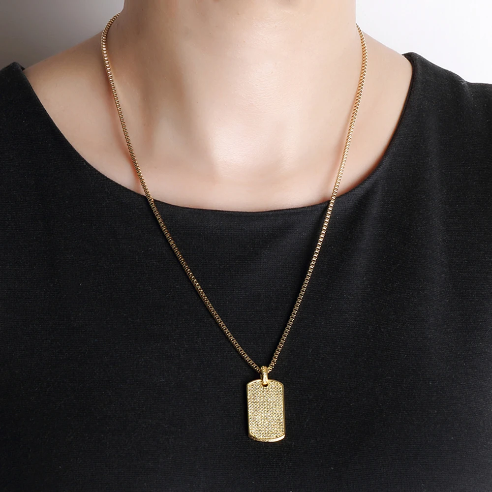 VANAXIN Paved Fashion Pendant Necklecs for Men Druzy 14k Gold Color Iced Out Square Bling Punk Mini Jewelry Dog Tag Shiny Gift