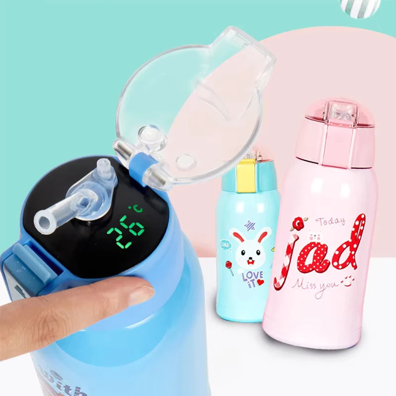 500ml Cartoon Smart Temperature Display Thermos Cup Portable Pressing Straw Style Water Bottle Keep Warm Cold 24hours for Baby