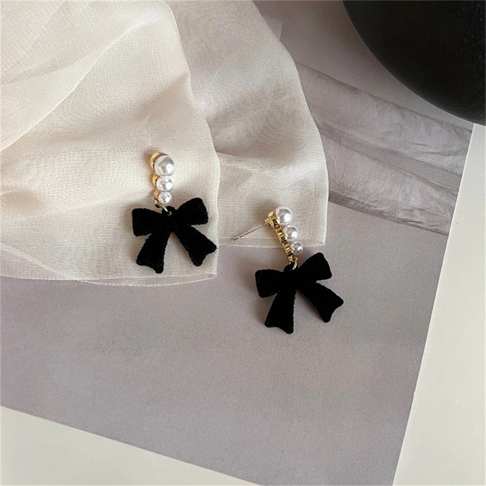 Red Black Bowtie Earrings for Women Girls Simulated Pearl Cloth Bow Tie Earrings Jewelry Ear Accessories Beautiful Gifts