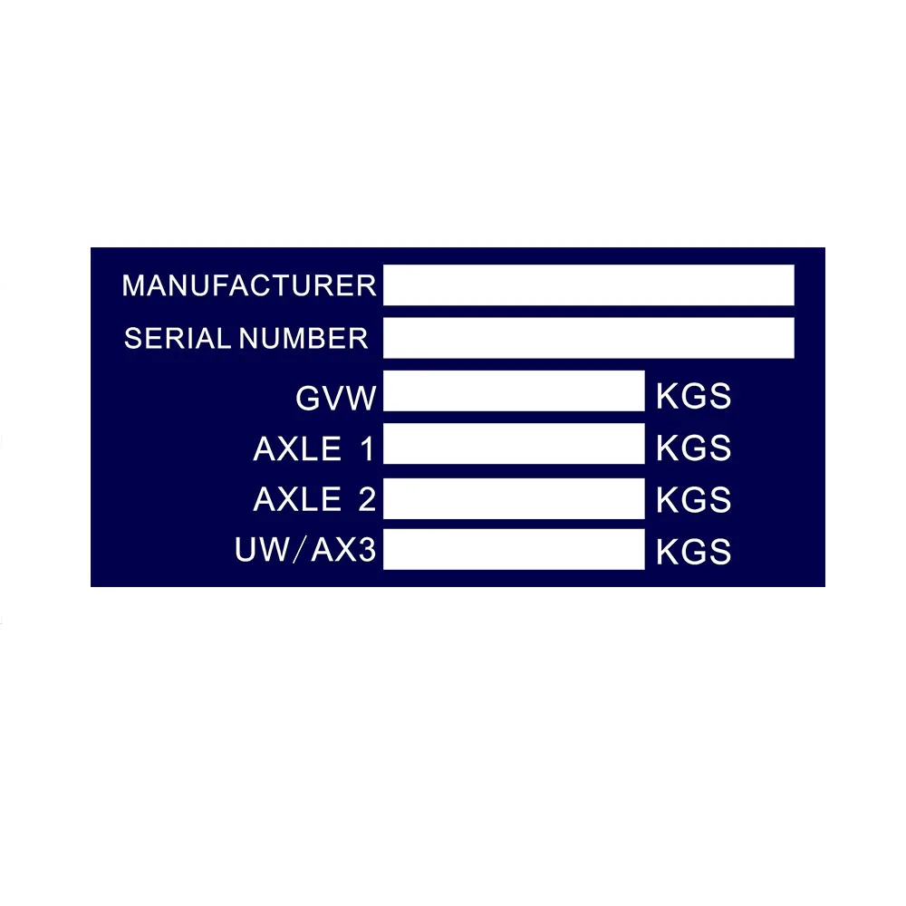 Trailer Weight Plate Double AXLE Plant Chassis Plate ID BLANK VIN PLATES