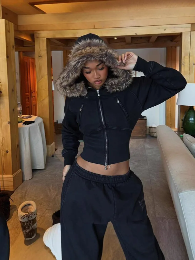 

Solid Fur Hooded Women's Cropped Jacket Zip Up Long Sleeve Autumn Winter Casual Coat Trendy Streetwear Fashion Lady Hoodie
