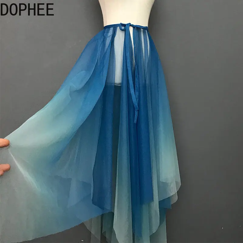 Original Gradient Color Irregular Lace-up Lolita Overskirt Perspective High Waist Dance Skirt Ultra Long Women's Fairy Skirts