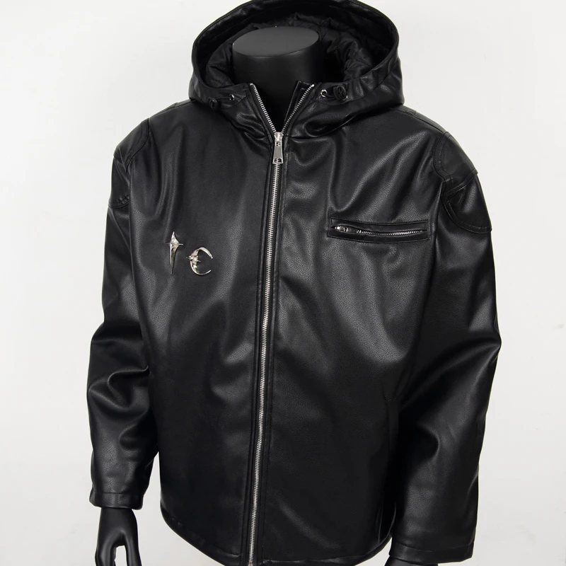 

Korean Trend Thug Club Jackets High Quality Black Leather Jacket Metal Logo Original Label THUG CLUB Coats