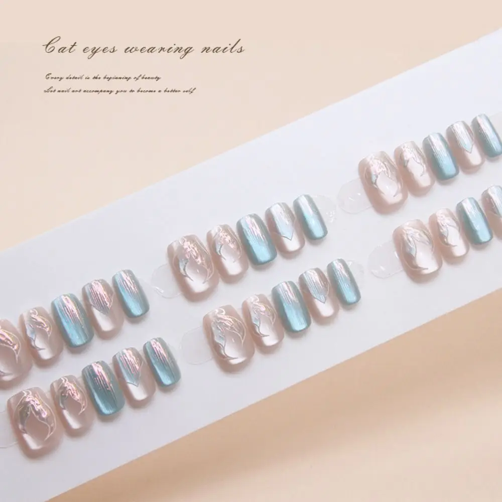 New Long Square False Nails Shining Cat Eye Fake Nials Full Cover French Press on Nails Women Girls