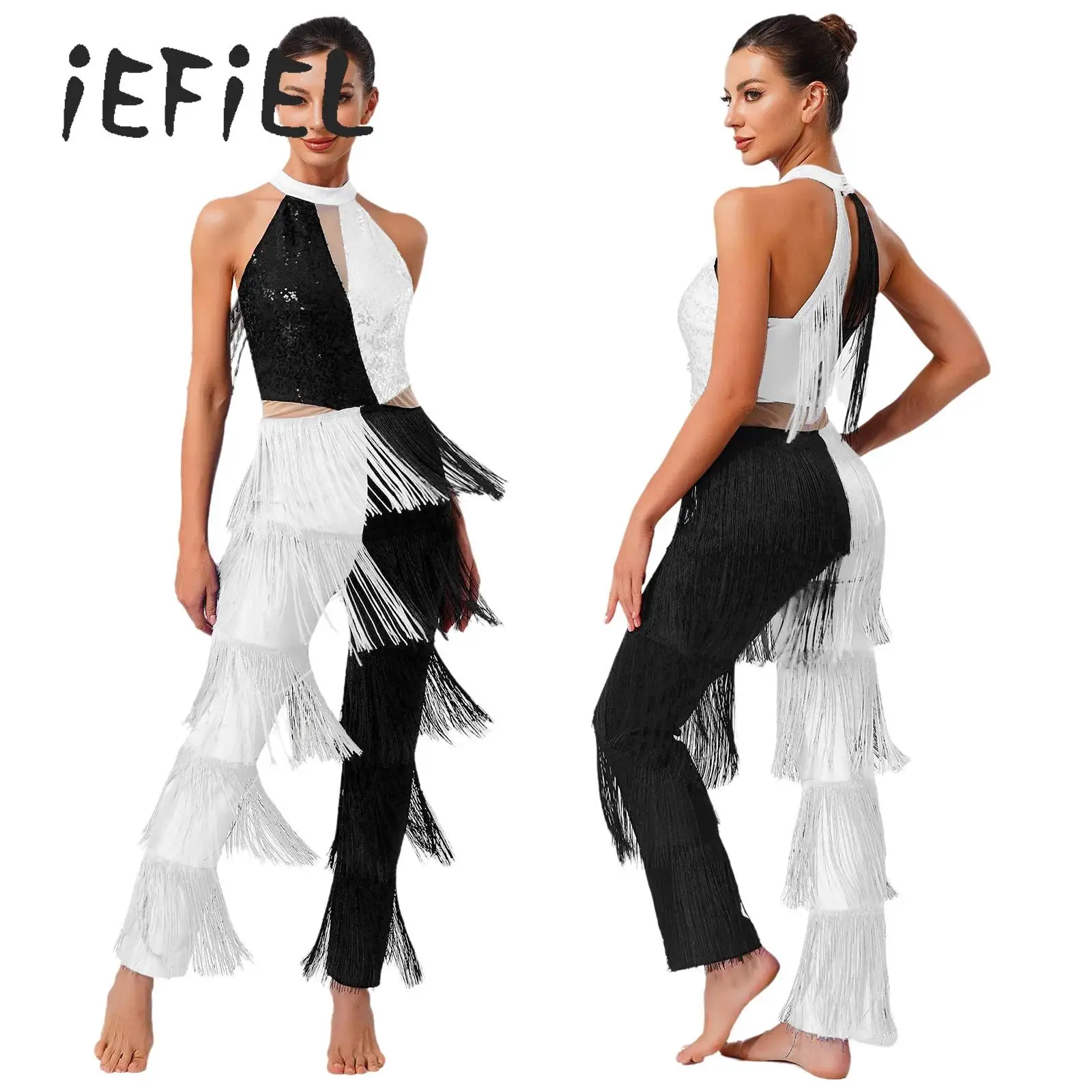 بدلة رقص لاتينية بشراشيب للسيدات بألوان متباينة 70s ديسكو ترتر هامش سراويل طويلة بدلة كاملة لموسيقى الجاز تشا تشا سامبا #1