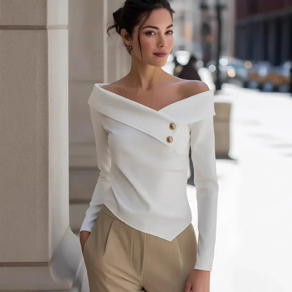 

Sexy One Shoulder Long Sleeve Women's T-shirt Tops Spring Autumn New Fashion Knitted Elegant Women's Versatile Female Tops 2026