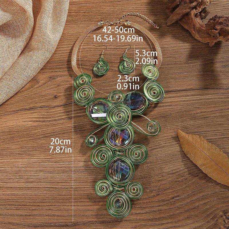 New 1set Exaggerated Green Flowers Crystal Necklace Earrings Set for Women Summer Party Statement Rhinestones Jewelry Set Gifts