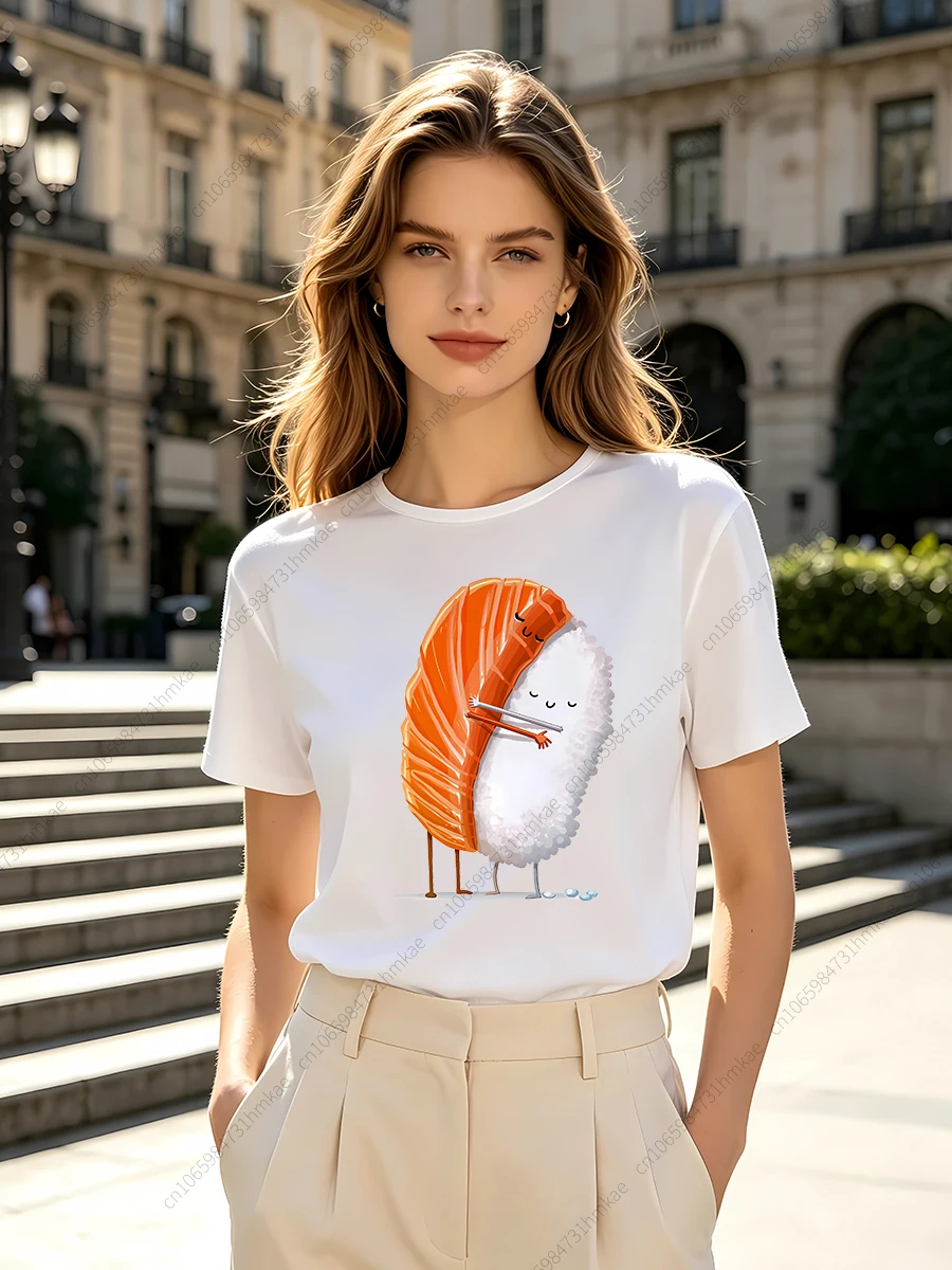 1Pcs Funny Food Hamburgers Sushi Rice Women T Shirts for Girls Fashion Chips Printing Short Tshirts for Woman T-shirts Lady Tops