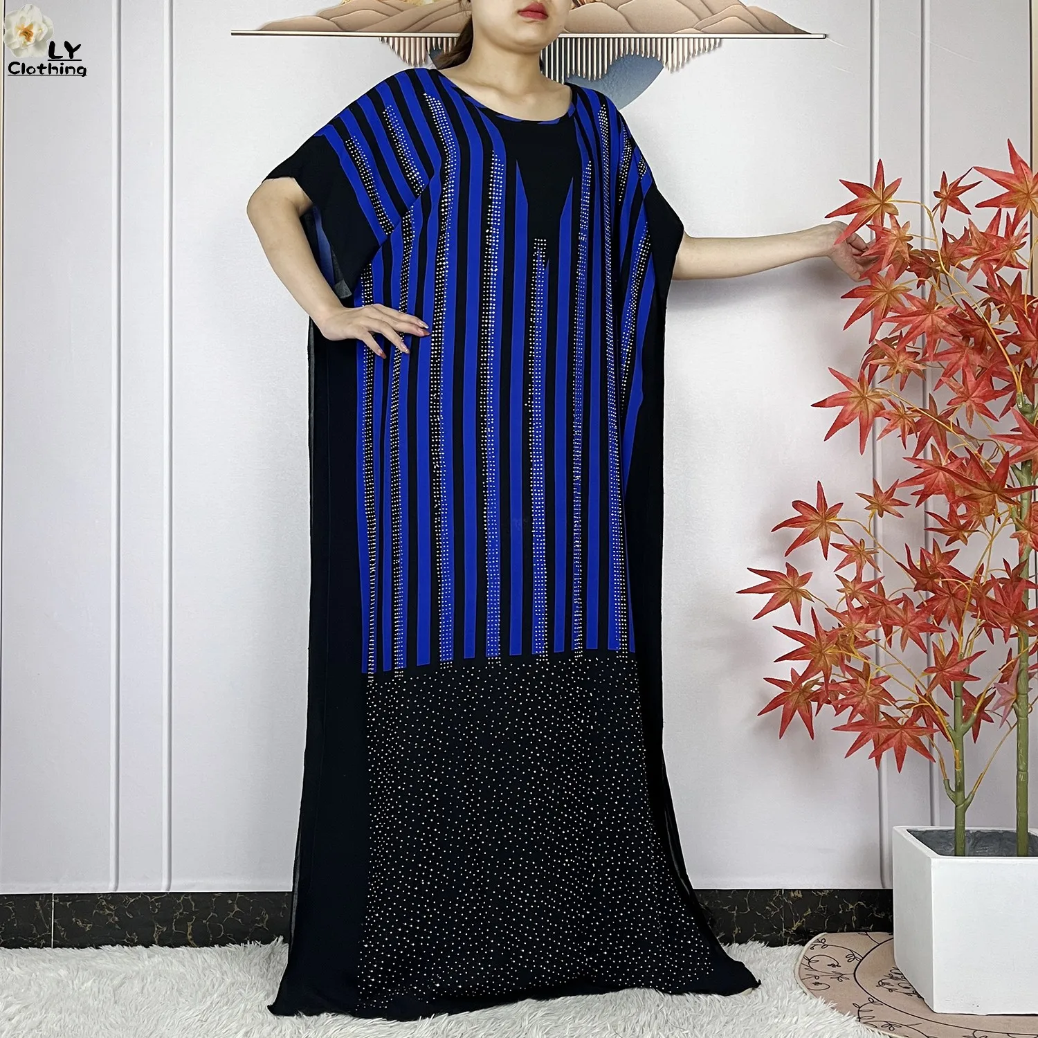 New Dubai Party Summer Short Sleeve Cotton Dresse With Big Scarf Diamonds Stripe Printing Lady Loose Robe African Islam Clothing