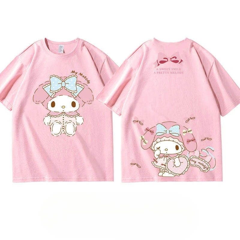 Children's T-shirt Pink Sanrio Melody Co Branded Korean Edition Pure Cotton Double Sided Printed Parent Child Round Neck Top