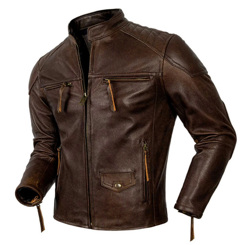 

2023 New Top Layer Cowhide Genuine Leather Jacket Motorcycle Suit Men's Stand Collar Slim Retro Trend High Quality Top