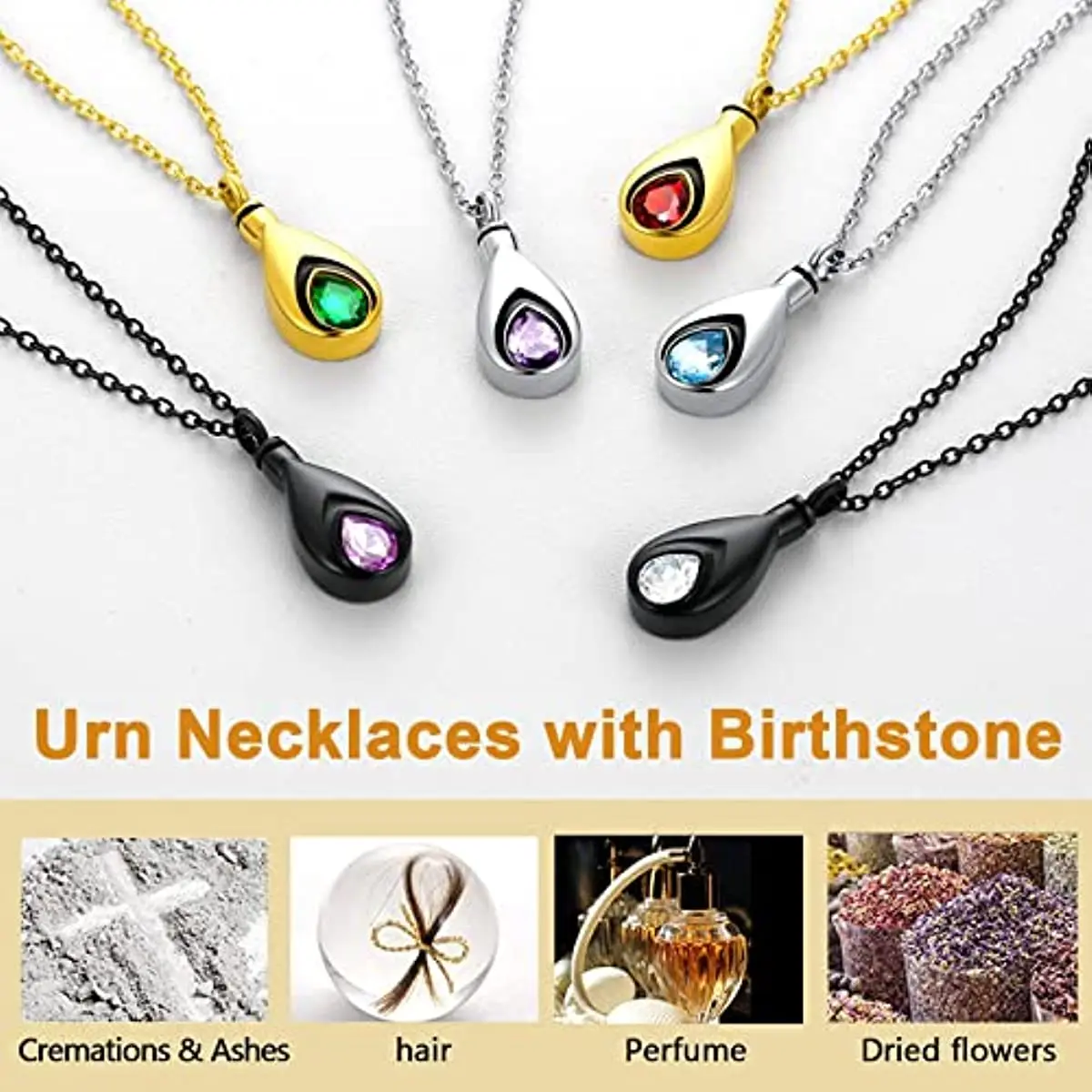 U7 Stainless Steel Teardop Birthstone Necklace Gold Black Color Memorrial Container Pendant Necklace for Urn Ashes Oil Keepsakes