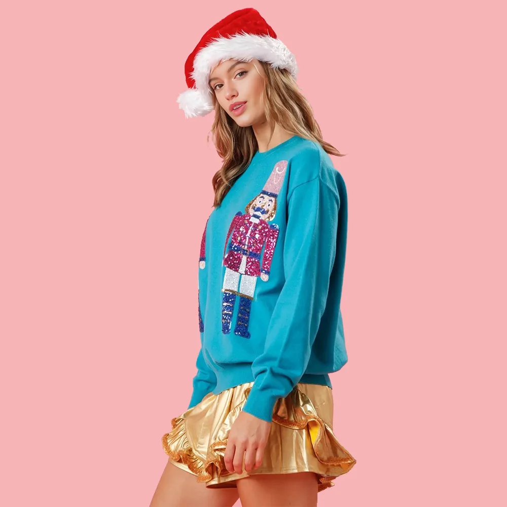 Nuevos jerseys empalmados para mujer, sudadera de manga larga con lentejuelas de Navidad holgada informal minimalista elegante a la moda con cuello redondo y estampado