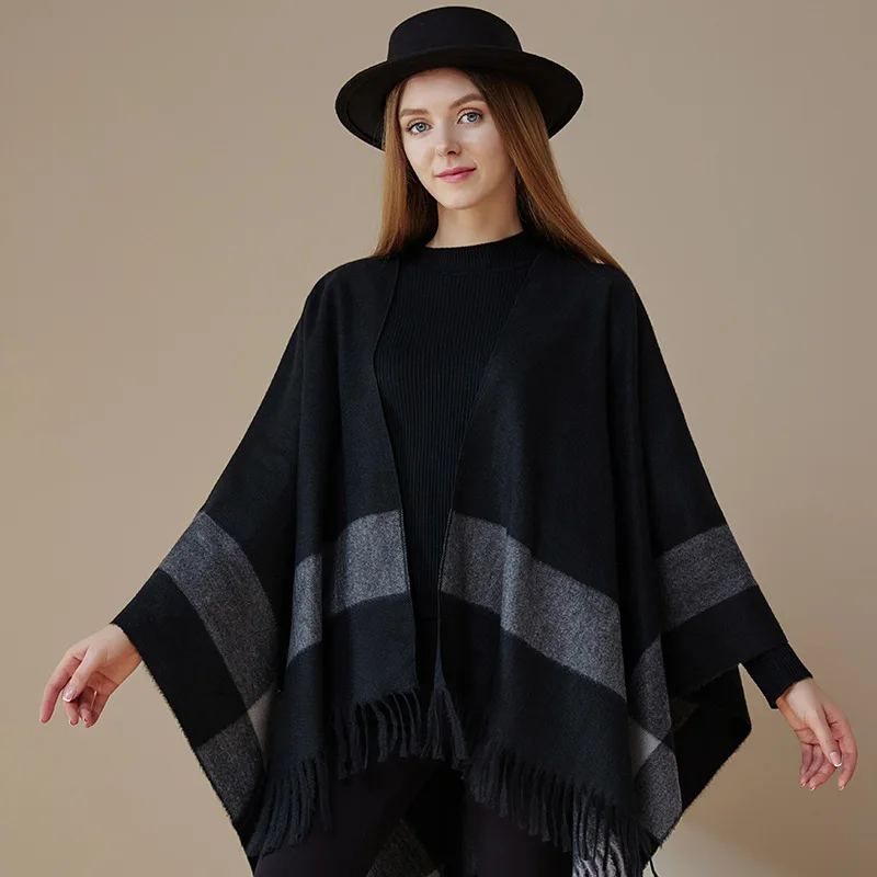 Artificial Cashmere Women\'s Shawl Printed Grid Slit Warm Double-sided Bat Shaped Knitted Cape for Autumn and Winter