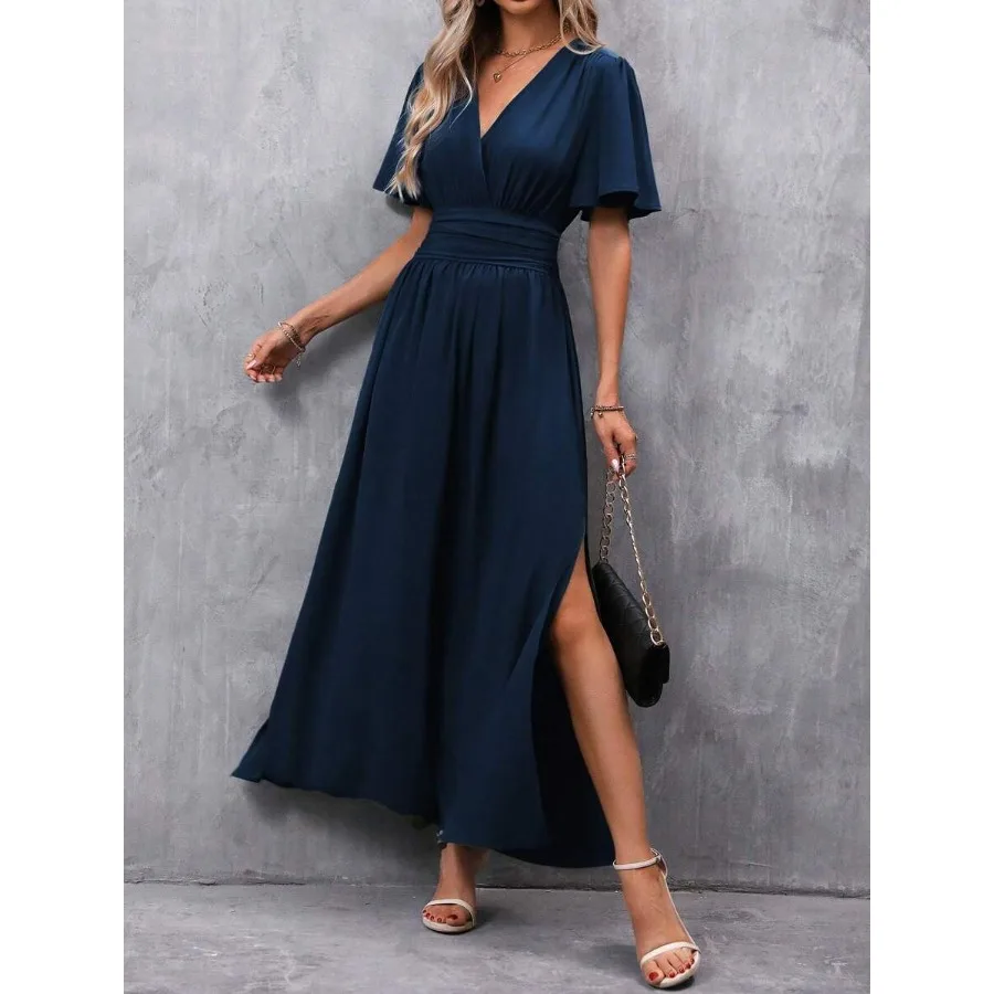 

【New style】Butterfly Sleeve Ruched Waist Split Thigh Dress Maxi Women Outfit
