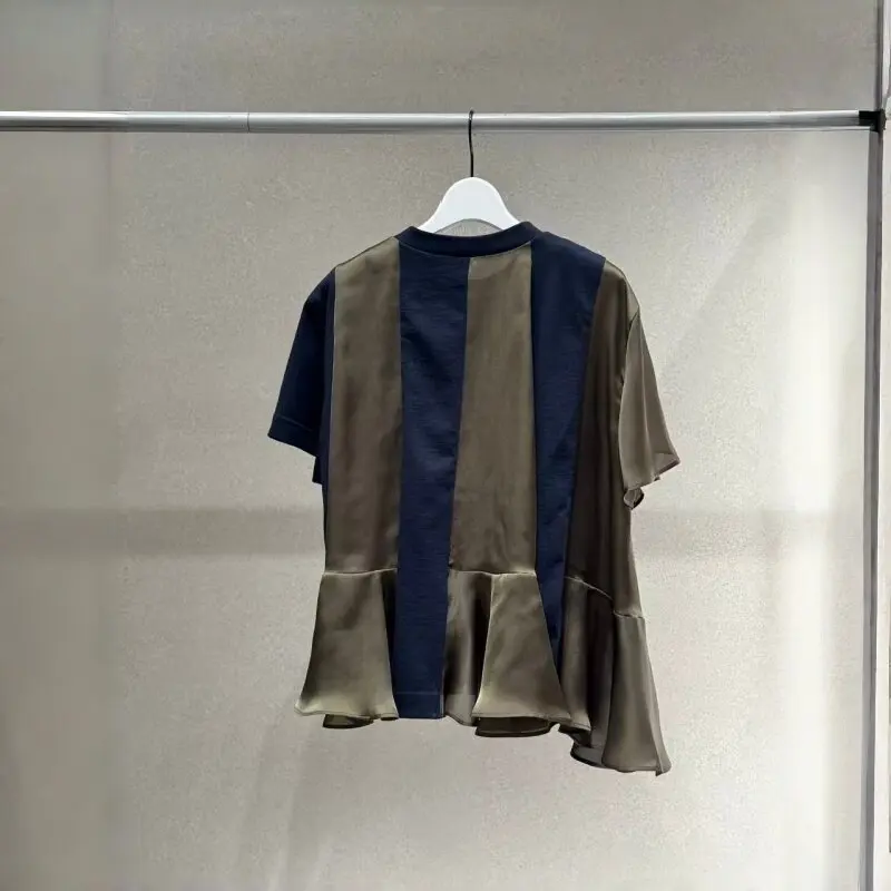 SAC Japanese 26 Summer Pleated Splicing Loose T-Shirt Casual Versatile Short Sleeve Top