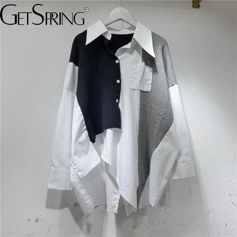 GetSpring Women Shirt 2024 Autumn New Color Matching Fake Two Ladies Blouse Fashion All Match Loose Casual Long Female Tops