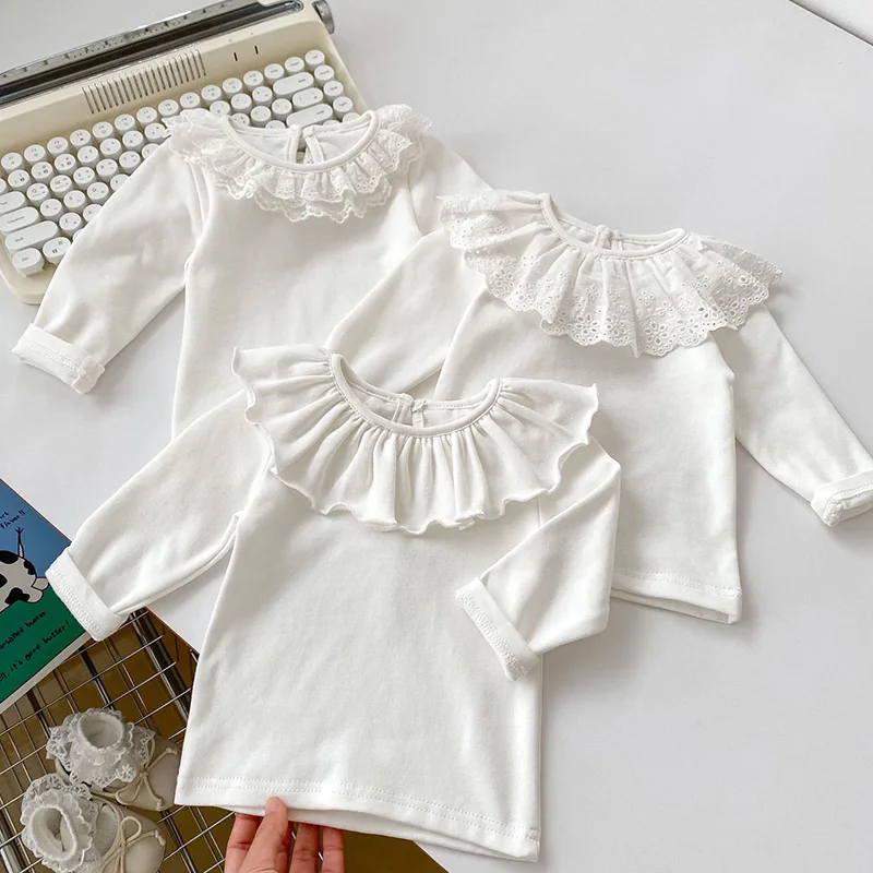 2024 New Spring Infant Baby Girls Pullover Tops Long Sleeved Cotton White Base Shirt Newborn Baby Girls T-shirt Children Clothes