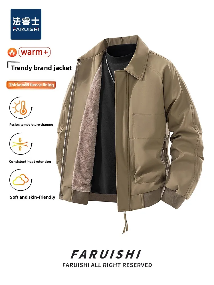 

Мужская утепленная рабочая куртка в американском стиле с флисовой подкладкой, хлопковая, однотонная, с отложным воротником, новинка 2026 года