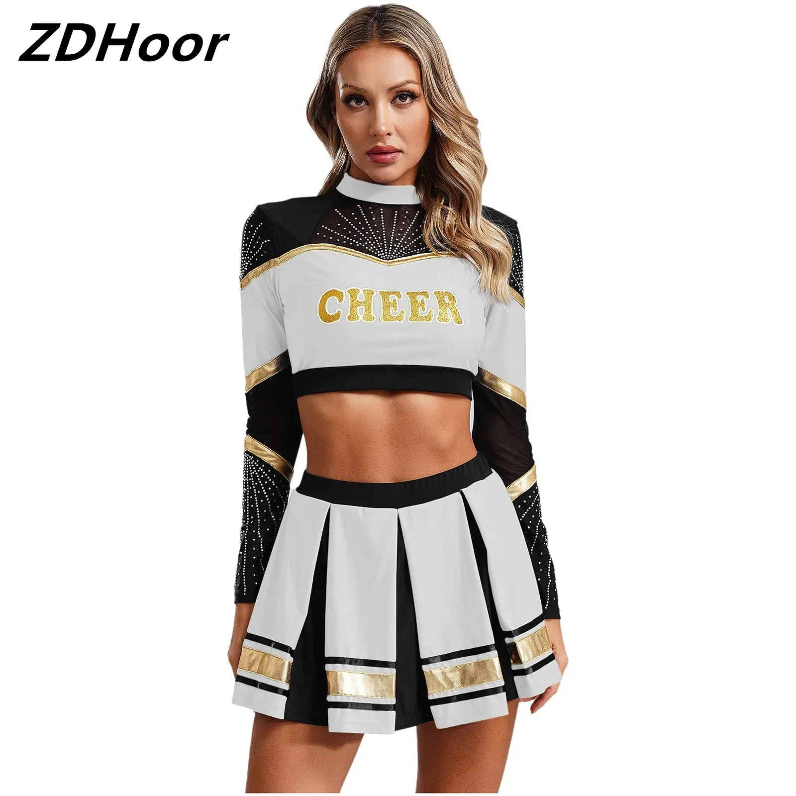 

Women Cheer Uniform Sets Cheer Leader Dance Sets Cheerleading Outfit Long Sleeve Sequins Crop Top with Pleated Skirt Set