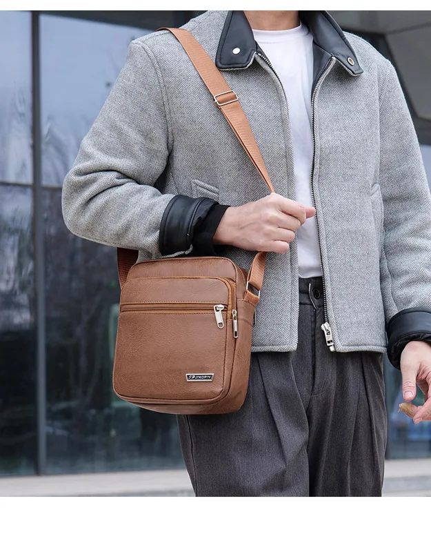Herrentasche, PU-Leder, einzelne Umhängetasche, mehrlagiger Reißverschluss, großes Fassungsvermögen, Umhängetasche für den täglichen Gebrauch, Arbeit, Reisen, Business, Pendeln – Detail 1