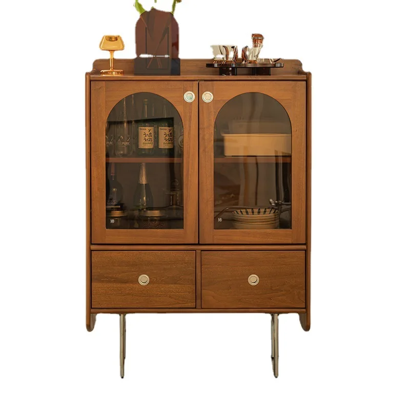 

Nordic solid wood dining side cabinet retro living room wall locker dining room French medieval glass storage tea cabinet
