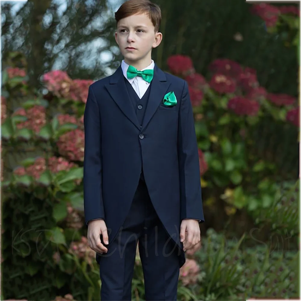 Navy Blue Boy Suit Long Tail Tuxedo 3 Piece Peak Lapel Single Button Straight Fit Outfit Kids Wedding Communion Formal Child Set