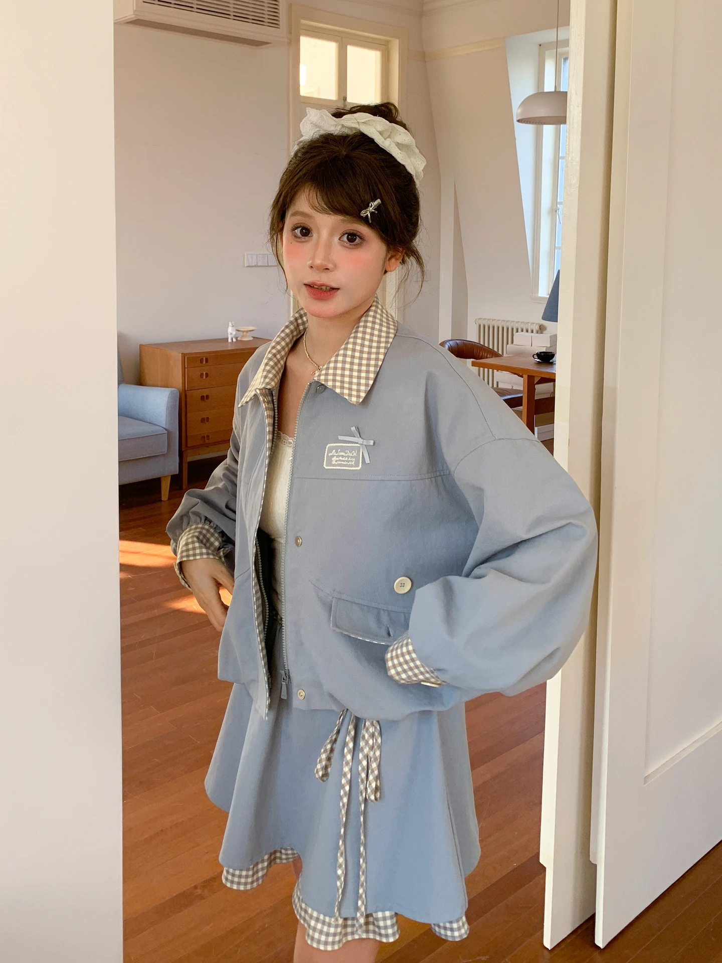 

Faionable Pure Cotton Oversized Women's Outfit Spring 2026 New Plaid Design Versatile Casual Zipper Closure Adult Springwear