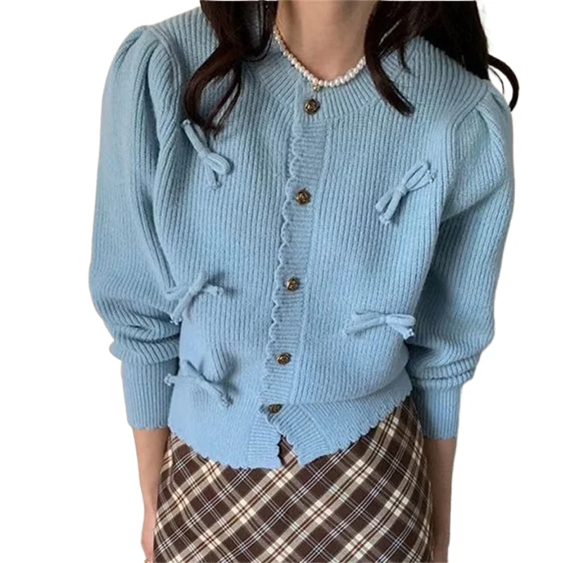 

Sweet Bow Short Sweater Autumn Winter French Long Sleeved O-neck Cardigan Women's Versatile Slim Knit Single Breasted