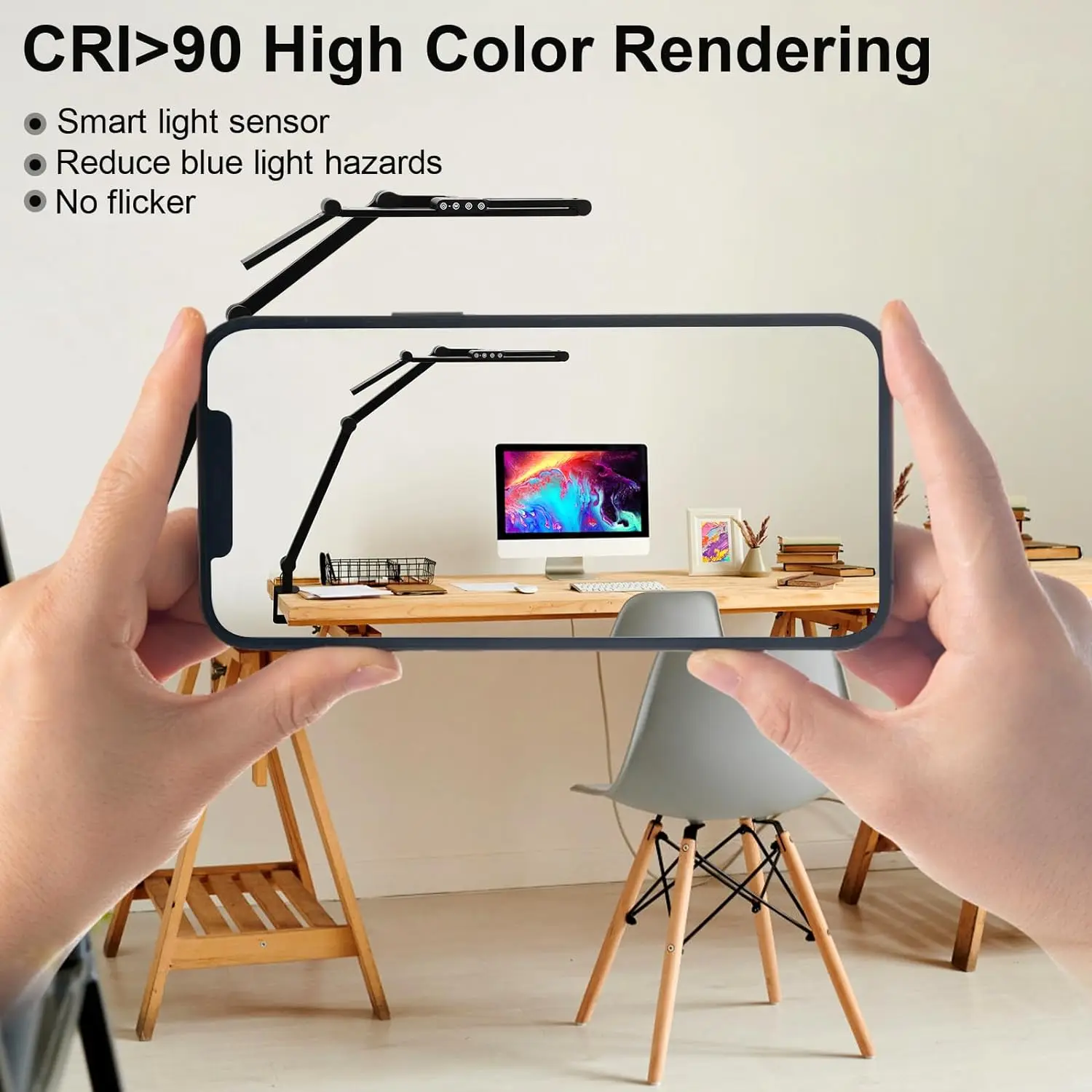 مصباح مكتبي ليد كبير قابل للتحويل مع مشبك ، مهندس معماري فائق السطوع ، تعتيم تلقائي وتصميم مستشعر للمكتب ، من من من الخارج ، 24 وات