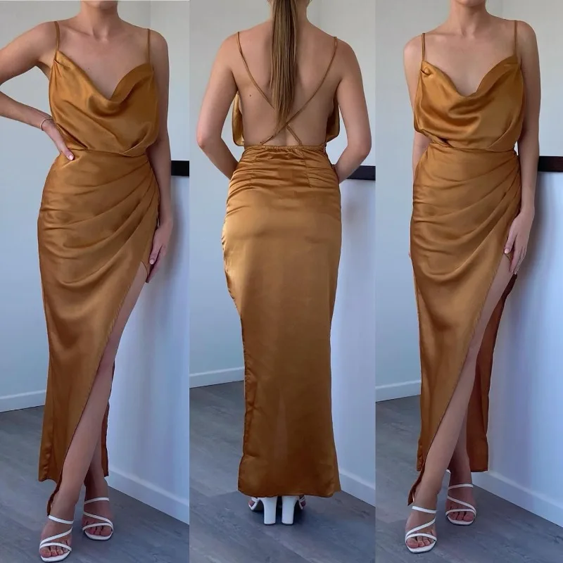 

Simple Spaghetti Straps Summer Wedding Party Dress 2024 New Elegant Silk Evening Long Dresses Popular Slit Prom Gowns