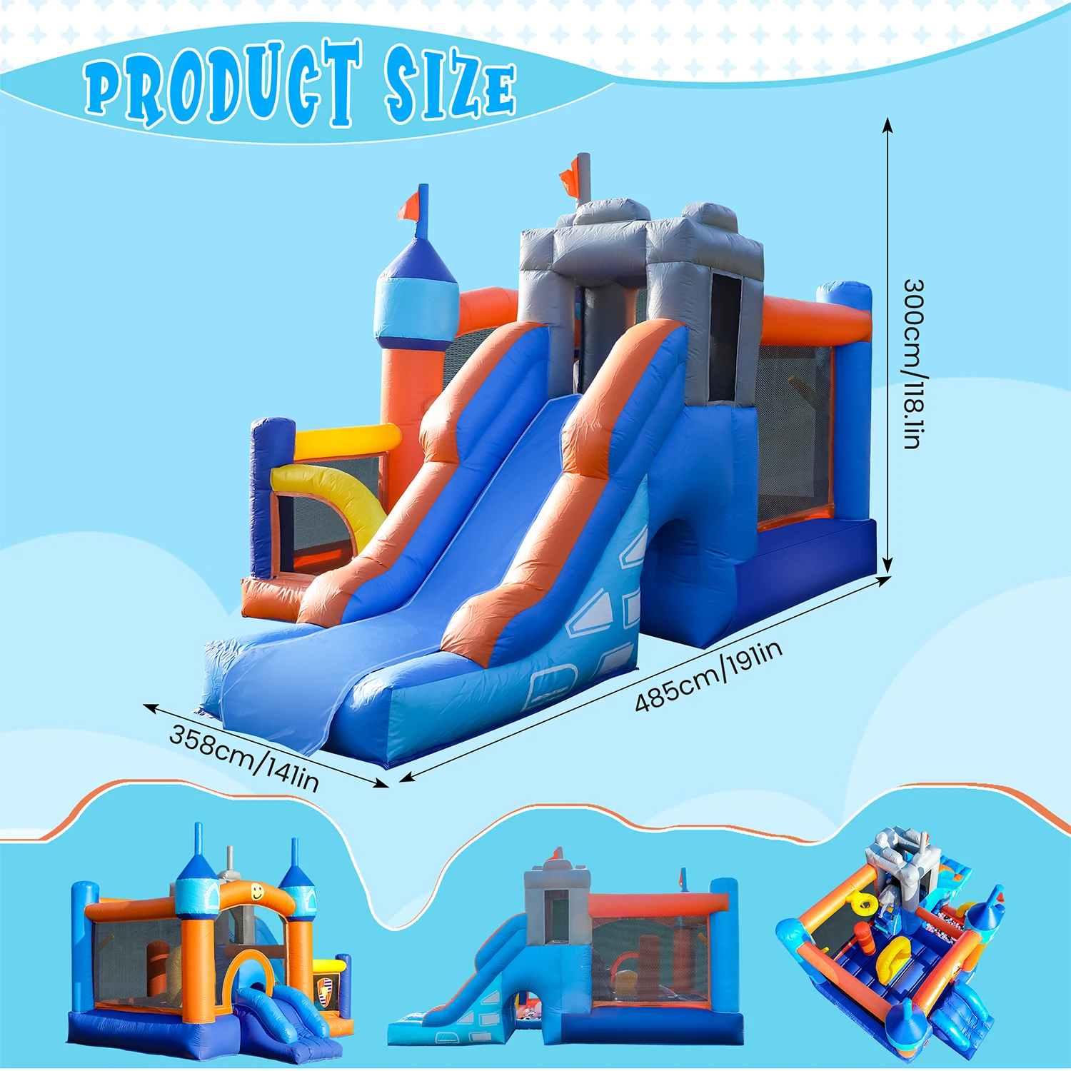 Casa inflável do castelo das crianças 16x11.7x10ft pvc inflável casa do salto com 2 slides túneis escalada, aros de basquete poço da bola, jum