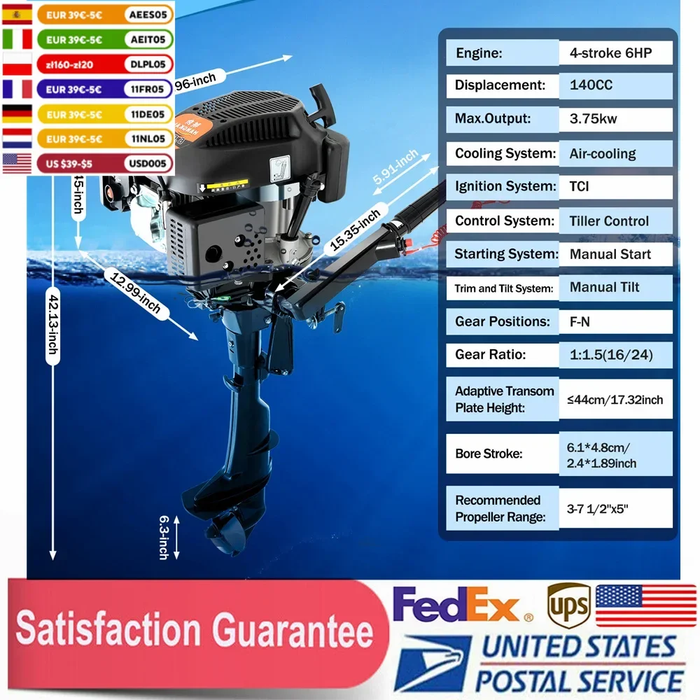 6 HP 4 Stroke Outboard Motor with Air Cooling System Boat Accessories Heavy Duty Boat Engine