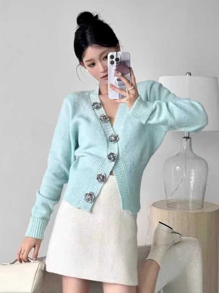 2024 Fall Winter Ladies Knitted Cardigan Coat Fashion Rose Buttons Sweater Women High Street Long Sleeve Tops Outwear Pull Femme